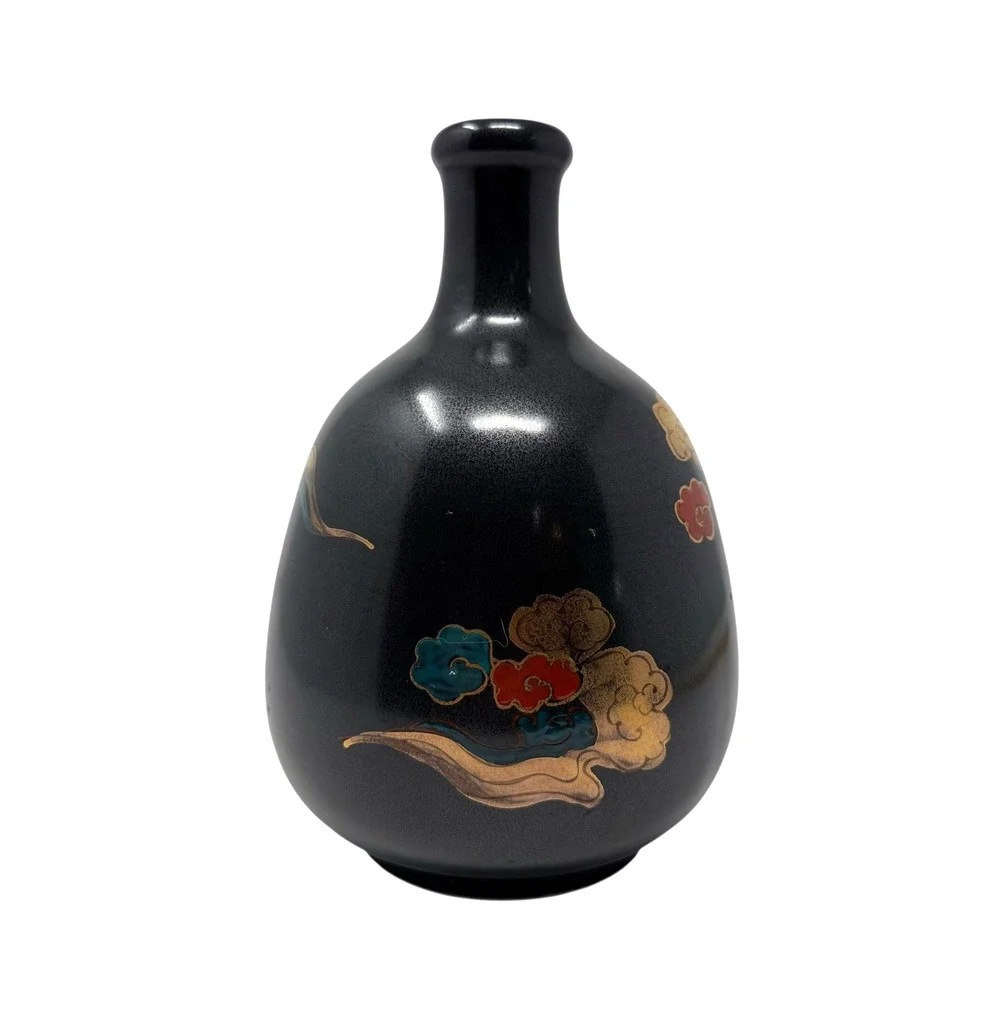 Vintage Japanese Glossy Vase Handpainted Gold Flowers 7.25 Tall Pier 1 Imports